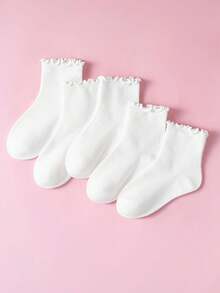 5/10 Pairs Kids All-Season White Ruffle Lace Princess Socks, Simple & Comfortable, Suitable For Daily Wear, Travel And Sports - White - View 6
