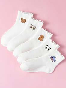 1/5 Pairs All-Season Kids Socks, Bear, Capybara, Shark, Panda, Raccoon Cute Animal Print, Versatile Short Socks For Students - Multicolor - View 1