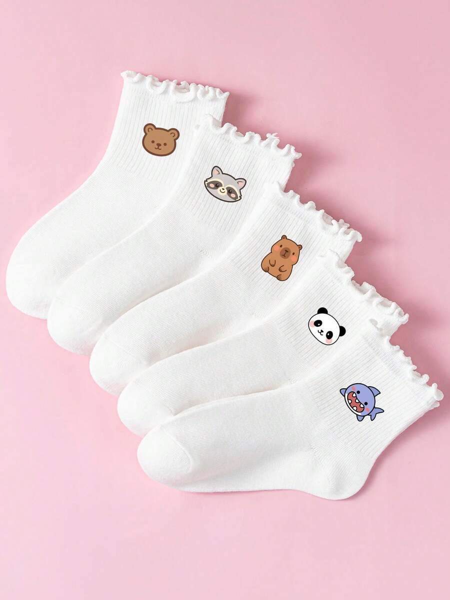 1/5 Pairs All-Season Kids Socks, Bear, Capybara, Shark, Panda, Raccoon Cute Animal Print, Versatile Short Socks For Students - Multicolor - View 1