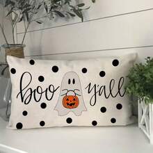 1PC Halloween Scares You! Ghost Pumpkin Polka Dot Rectangular Pillowcase, Scary Holiday Sofa And Living Room Home Party Decoration, Single-Sided, Pillow Not Included - Beige - View 1