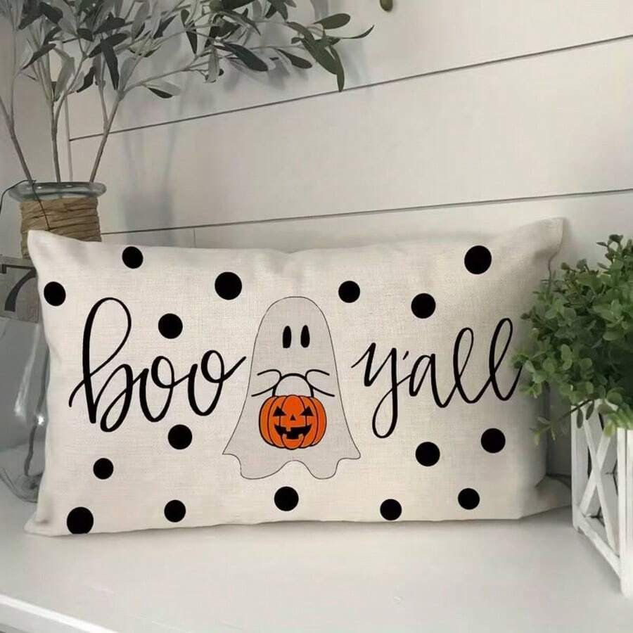 1PC Halloween Scares You! Ghost Pumpkin Polka Dot Rectangular Pillowcase, Scary Holiday Sofa And Living Room Home Party Decoration, Single-Sided, Pillow Not Included - Beige - View 1