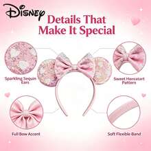 Disney Pink Heart Sequin Mickey Ears Headband, Sweet Bow Decor Hair Accessory, Suitable For Halloween, Christmas, Theme Park, Party, Cosplay Costume - Love a - View 5