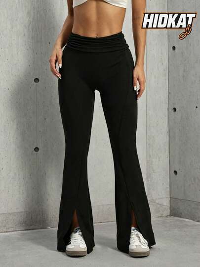 Hidkat Women's Fashion High Waist Ruched Waist Fitted Yoga Sports Knit Split Flare Pants