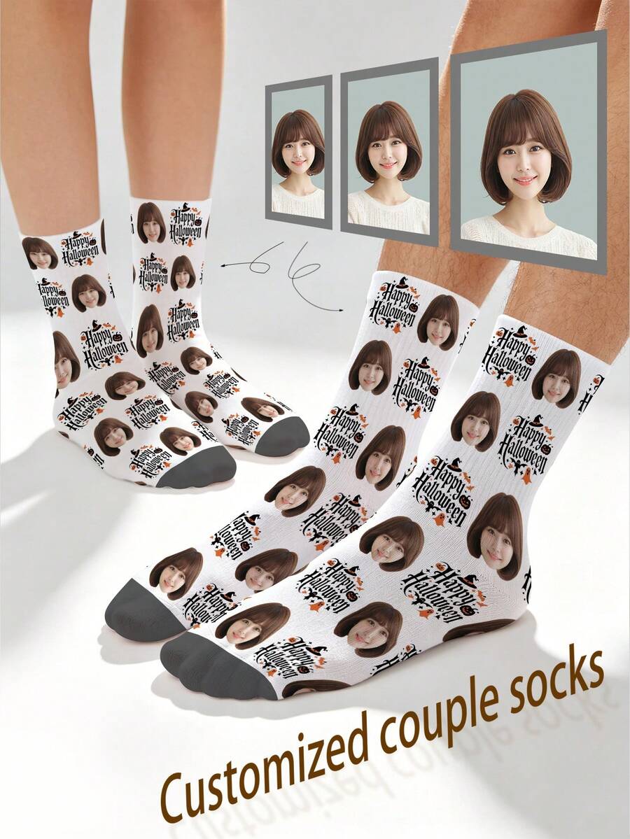 1 Pair Customizable Face Pattern Men's Mid-Calf Socks, Unisex Couple Socks For Men And Women, Can Print Any Face On Socks, Personalized Photo Socks, Fun Customized Image Mid-Calf Socks, Suitable For Valentine's Day, Birthday, Gift, Halloween And Other Occasions, Personalized Customization