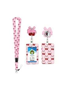 Pink Cherry Bow Pattern Business Card Holder With Expandable Badge Holder, Id Name Tag, Worker Badge, Mountaineering Buckle Holder Couple, Birthday Gift, Nurse Day, Back To School, Easter - Multicolor - View 13