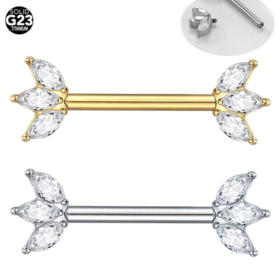 SWANJO 1 buah Tindik Puting Titanium dengan 3 Batu CZ Marquise di Bagian Atas, Perhiasan Tindik Puting Berulir Internal untuk Wanita - TR010 - View 1