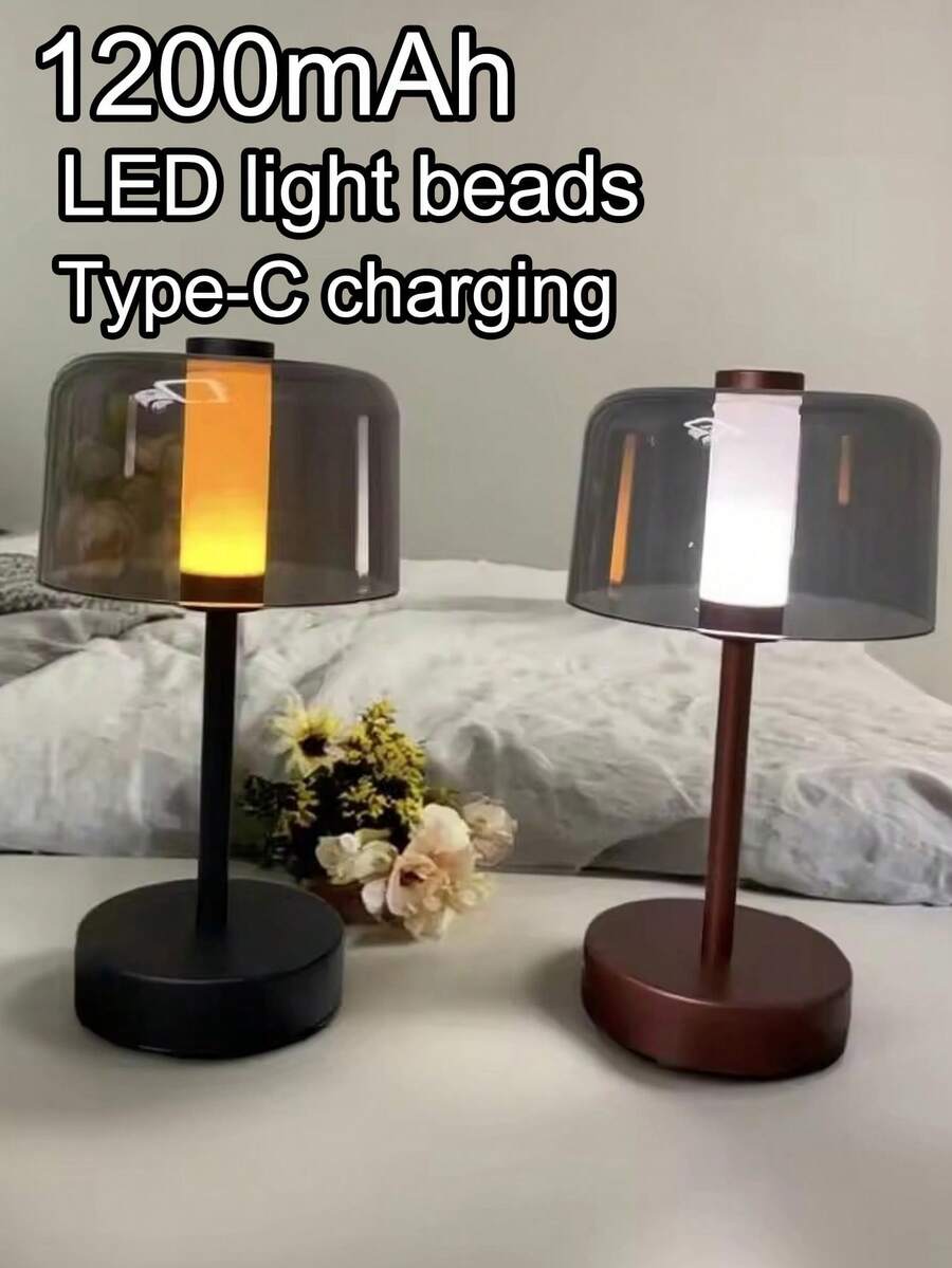 1pc Vintage Shade Touch Control Table Lamp, Portable USB‑C Rechargeable LED Nightstand Light, Warm Glow Ambient Lamp For Home, Bar, Cafe Decoration - Night Light - View 1