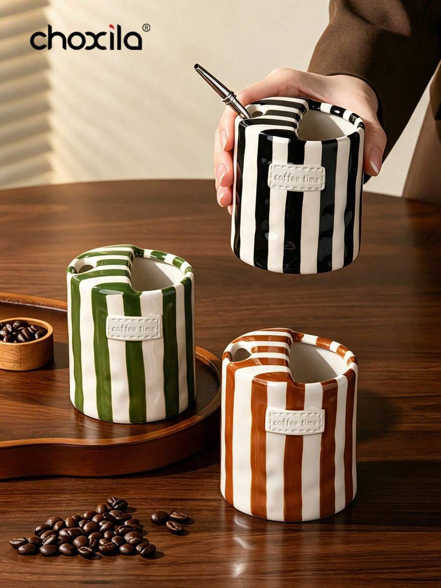 choxila 1pc Vintage Striped Hand-Painted Ceramic Mug, Creative Dual-Purpose Cup, Office Coffee Cup, Suitable For Breakfast And Afternoon Tea - Striped Ceramic Cup - View 1