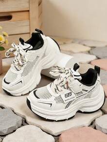 New Kids Breathable Mesh Thick Sole Chunky Sneakers, Hook And Loop Easy On/Off Girls Sports Shoes, Anti-Slip Shock-Absorbing Thick Sole School Shoes, Boys And Girls Fashionable Elegant Autumn Shoes, Versatile Daily Walking School Shoes For Girls - Black - View 1