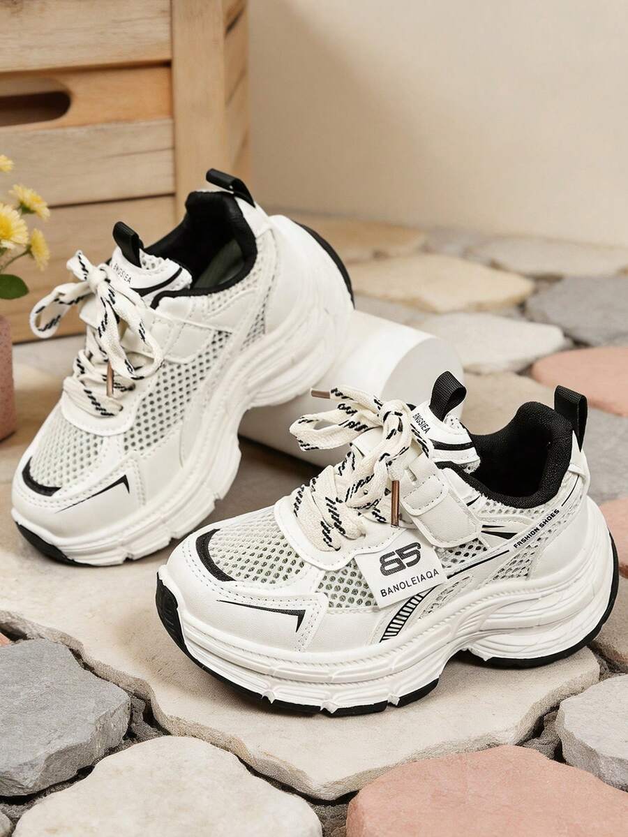New Kids Breathable Mesh Thick Sole Chunky Sneakers, Hook And Loop Easy On/Off Girls Sports Shoes, Anti-Slip Shock-Absorbing Thick Sole School Shoes, Boys And Girls Fashionable Elegant Autumn Shoes, Versatile Daily Walking School Shoes For Girls - Black - View 1
