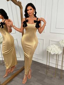 AIJ Women's Luxury Gold Strap Long Dress, Black Bow Sleeveless Backless Slit Bodycon Dress, Elegant Sexy Autumn Wedding Guest Party Banquet Outfit Summer - Gold - View 7