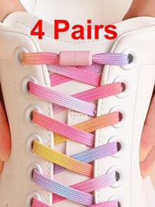 COSYLEE 4 Pairs Elastic Pink No-Tie Fashionable Cute Wide Flat Colorful Gradient Shoelaces - 4 Pairs - Pink Rainbow - View 2
