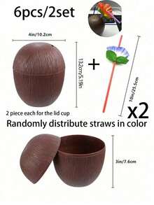 6/3pcs Hawaiian Theme Coconut Cups With Lids And Flower Straws, Suitable For Desserts And Ice Cream, Beach Party, Pool Party, Summer Outdoor Activities, DIY Drinks, Graduation Celebration, Indoor Home Decor - Multicolor - View 13