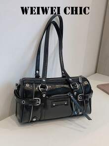 Bolso cilíndrico Y2K Millennium Hot Girl con múltiples bolsillos con cremallera, decoración de herrajes con remaches, uso dual de mano y bajo el brazo, estilo retro de motocicleta, atuendo de uso diario, bolso de hombro personalizado para mujer - Negro - Ver 4