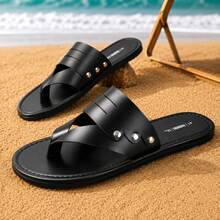 Men's New PU Leather Sandals, Hollow Design Open Toe Non-Slip Casual Slippers, Summer Lightweight Breathable Flip-Flops, Suitable For Spring/Summer, Indoor/Outdoor, Street, Office, Vacation, Daily Wear, Durable Non-Slip Flat Bottom, Fashionable Durable Roman Sandals - Black - View 5