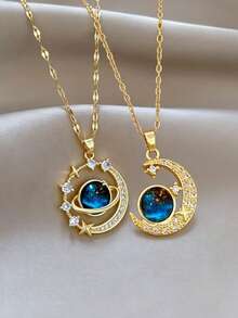 2pcs/Set Unisex Fashion Pendant Necklace, Space Moon Design, 304 Stainless Steel, Rhinestone Inlaid, Other Plating, Vacation Style, Suitable For Daily Wear And Party, Halloween Christmas Valentine's Day Couple Necklace Gift - Gold - View 1