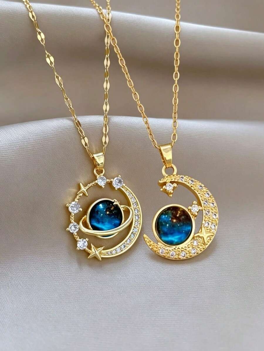 2pcs/Set Unisex Fashion Pendant Necklace, Space Moon Design, 304 Stainless Steel, Rhinestone Inlaid, Other Plating, Vacation Style, Suitable For Daily Wear And Party, Halloween Christmas Valentine's Day Couple Necklace Gift - Gold - View 1