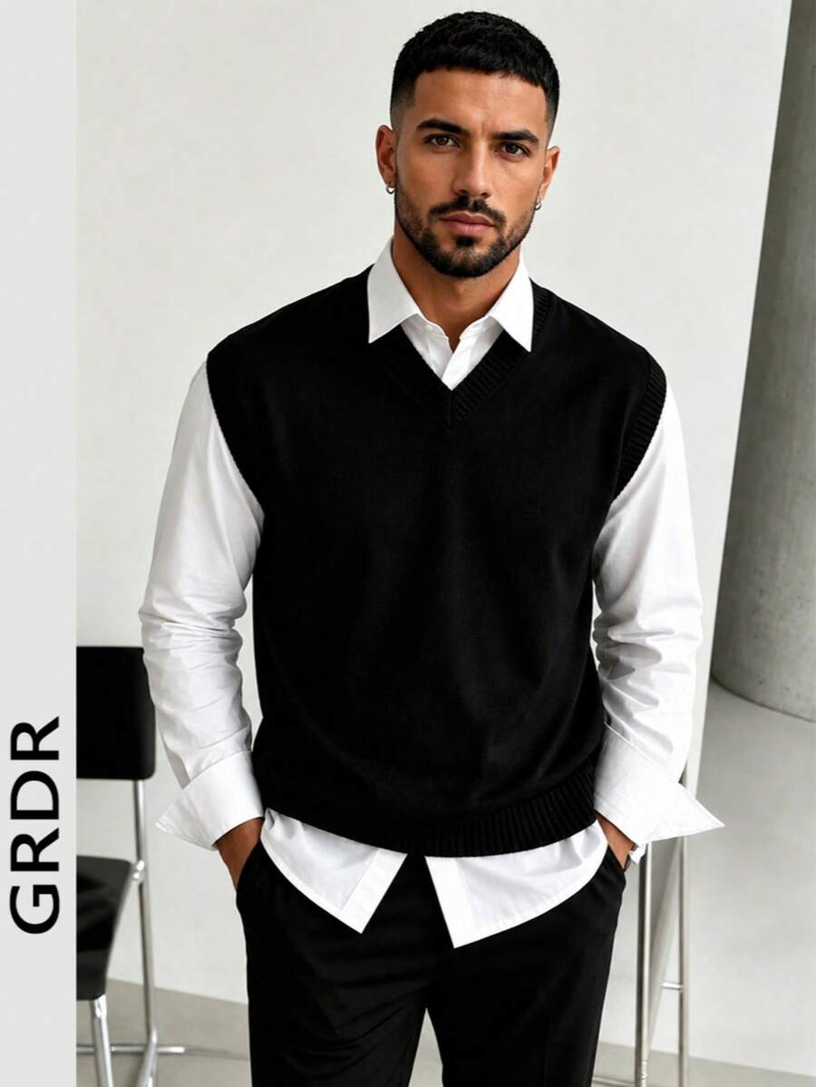 GRDR Men's Solid Color Knit Vest, Casual & Versatile - Black - View 1