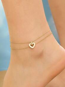 Boho Bohemian Multi-Layer Anklet Set, Pearl Chain With Hollow Heart And Butterfly Rhinestone Pendant, Vintage Gold Tone. Multi-Layer Gold Anklet, Pearl Chain With Hollow Heart And Butterfly Rhinestone Pendant, Gentle And Sweet Girl Design. Summer Beach Party Vacation Accessory, Exquisite Women's Ankle Jewelry, Versatile And Easy To Match With Various Shoes, Fashionable Gift Choice, Non-Fading Anklet. - Gold - View 7