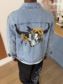 Men's Light Blue Denim Jacket, American Western Style Graphic, White Ink Direct-To-Garment Print, Y2K Style - Light Denim Blue - View 11