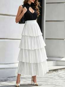 DONICY Falda midi blanca de cintura alta con volantes en capas para mujer, falda de gasa fluida con corte en A, estilo casual de vacaciones - Blanco - Ver 7