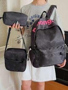 Dedoo 3‑Pcs Backpack Set,Star & Letter Print,Color‑Block Drawstring Zipper,Large Capacity,School Bookbag,College University Campus Daily Student Bag - Black - View 4