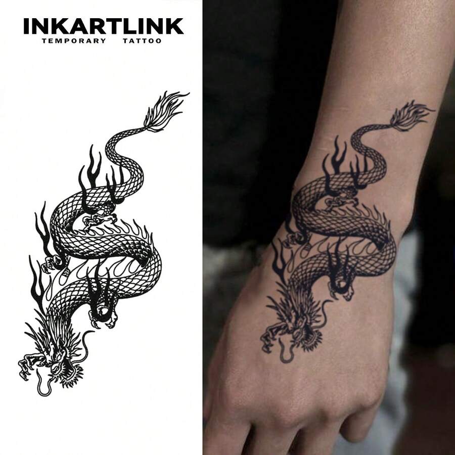 INKARTLINK 1PC Dragon Flame Long Tail Tattoo Sticker, Temporary Waterproof Body Art Tattoo Sticker, Lasts 2-5 Days, Water Transfer Colorful Tattoo Sticker, Suitable For Men And Women, Essential For People, Party Essential Decoration, Festival Celebration Body Decoration - Black - View 1