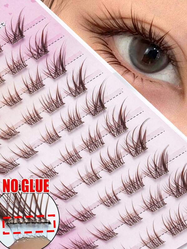 60 pièces de touffes de cils effilées brunes sans colle, pointes fines et vaporeuses avec design de mouvement vers le haut pour une extension naturelle de l'œil de renard, application légère auto-adhésive, parfait pour les occasions de vie nocturne, les séances photo et les looks de maquillage audacieux.