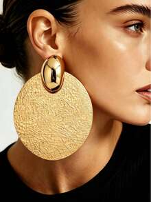 1 Pasang Anting Gantung Panjang Bulat Besar Gaya Modern Eropa dan Amerika dari Logam, Cocok untuk Wanita, Desain Geometris Berat yang Berlebihan untuk Pesta dan Liburan - Emas - View 6