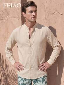 FEIAO Men's Vintage-Style Cotton Long-Sleeve Shirt With A "Worn-In" Look-Gets Softer With Every Wash, Stylish, Casual, And Versatile - Apricot - View 1