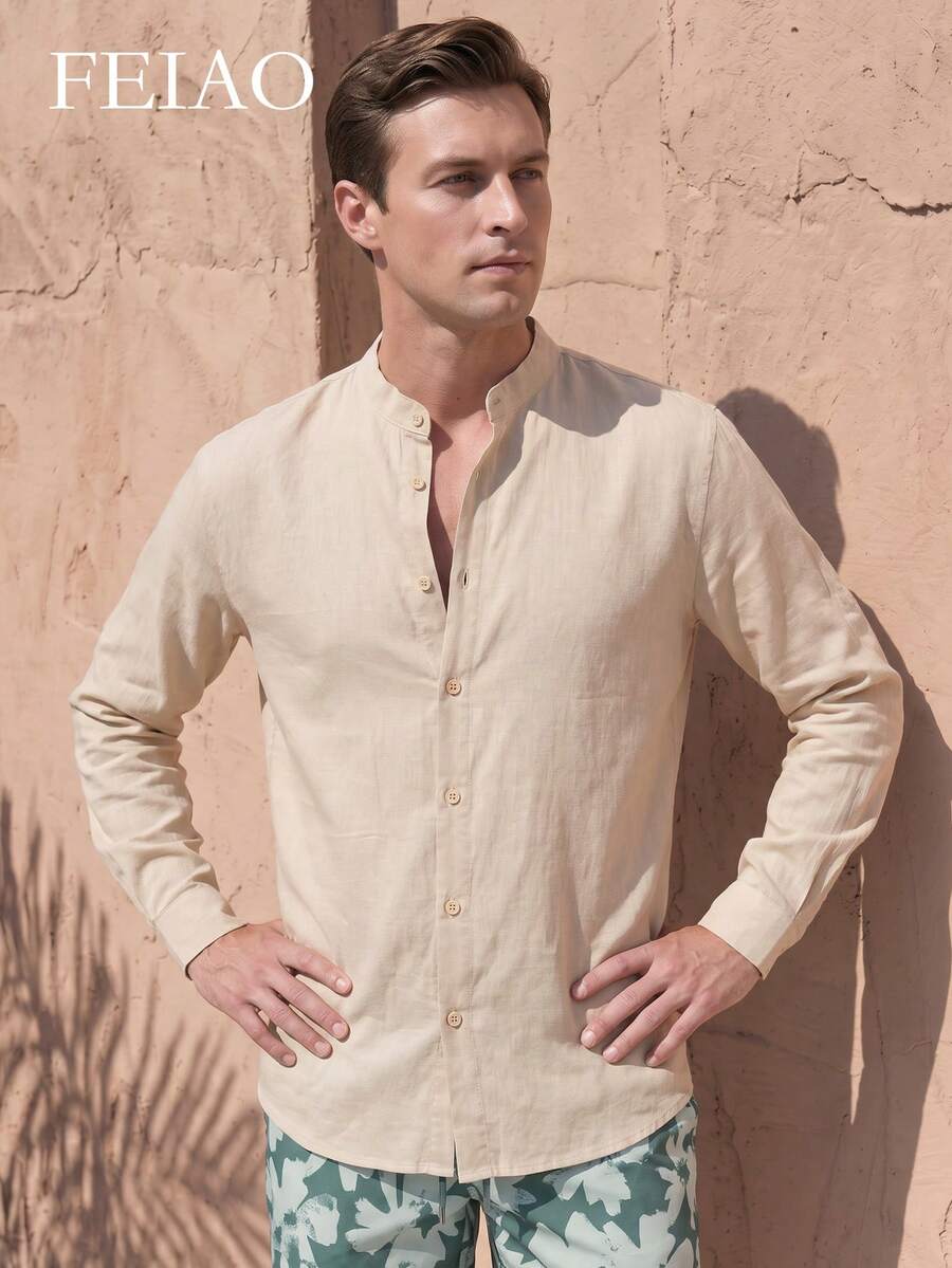 FEIAO Men's Vintage-Style Cotton Long-Sleeve Shirt With A "Worn-In" Look-Gets Softer With Every Wash, Stylish, Casual, And Versatile - Apricot - View 1
