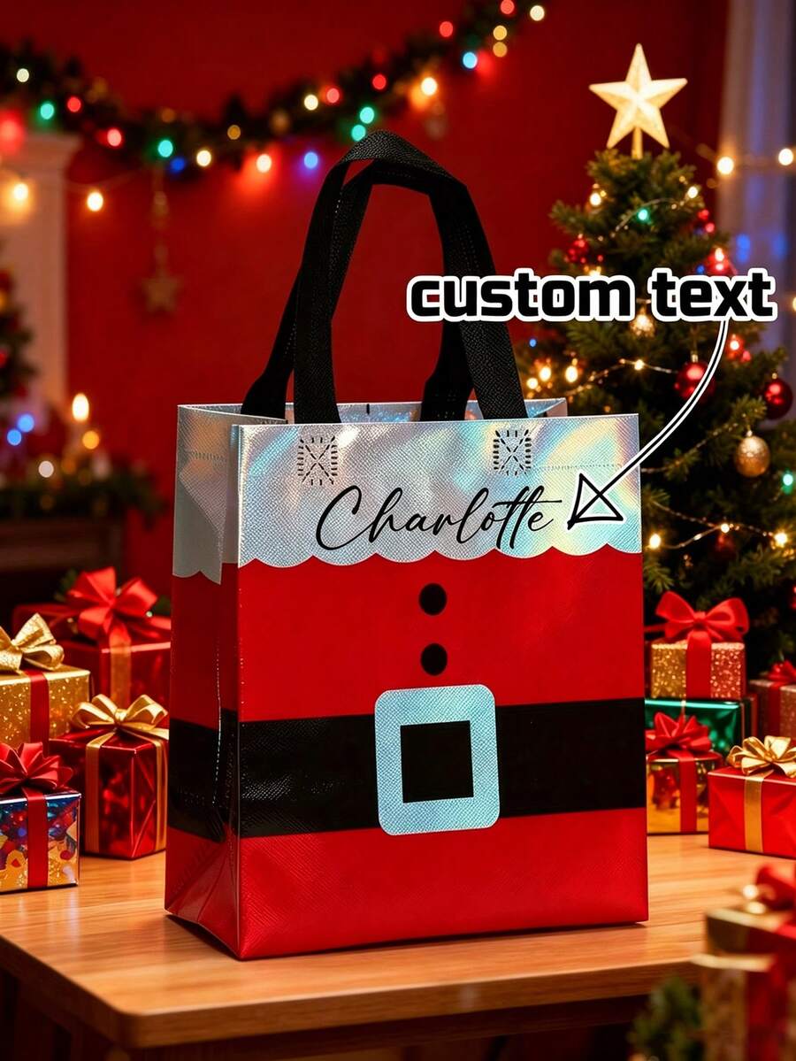 1/5PCS Customized Red Gift Bag For Christmas Day, Personalized With A Name, Featuring A Handle And Laser Element Design, Adorned With A Santa Claus Pattern. It'S A Party Tote Bag Made Of Non-Woven Fabric, Gift For Her/Him