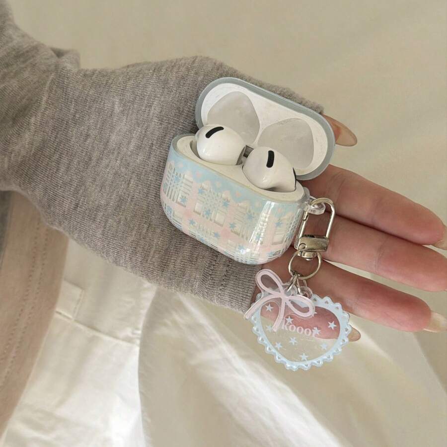 Transparent Pink & Blue Plaid Star Pendant Earphone Case Compatible With AirPods Case 2/3/4/Pro/Pro2/Pro3, Anti-Drop Earphone Case, Gift, Fashion Accessory, Combining Aesthetics And Practicality