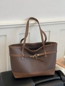 女款復古大容量手提包，時尚百搭休閒極簡通勤單肩托特包 - 咖啡 - 查看 10