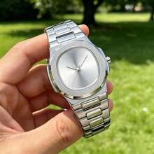 1pc Ultra-Thin Octagonal All-Silver Steel Band Wristwatch, Sunray Dial Minimalist Unisex Business Quartz Watch - White - View 12