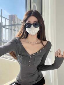 Sexy V-Neck Fitted Long Sleeve Knit Top, Waist-Cinching Inner Layer, Autumn T-Shirt For Women - Dark Grey - View 4