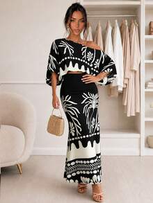 Women's 2pcs Tropical Print Lantern Sleeve Cold Shoulder Top + Elastic High Waist Mermaid Maxi Skirt Set, Vacation Resort Style Black Elegant - Black - View 2