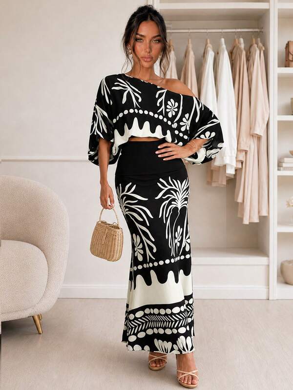 Women's 2pcs Tropical Print Lantern Sleeve Cold Shoulder Top + Elastic High Waist Mermaid Maxi Skirt Set, Vacation Resort Style Black Elegant