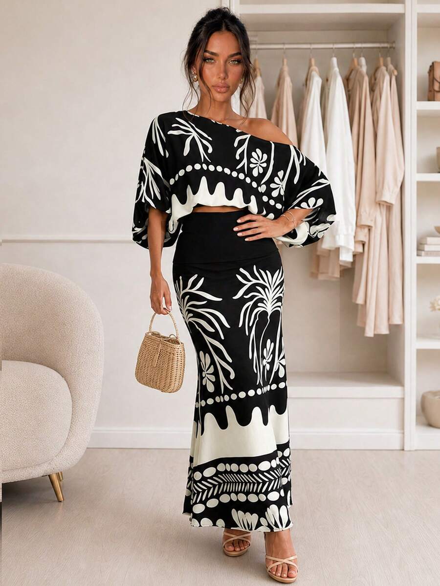 Women's 2pcs Tropical Print Lantern Sleeve Cold Shoulder Top + Elastic High Waist Mermaid Maxi Skirt Set, Vacation Resort Style Black Elegant