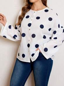 Blus Ukuran Besar Gaya Prancis Motif Polkadot Transparan Lengan Panjang Leher Bulat Warna Putih - Putih - View 4