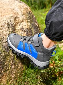 1 Pair Kids' Hiking Shoes, Convenient Hook And Loop Design, Stylish, Anti-Slip, Wear-Resistant, Mid-Top Outdoor Sports Shoes For Long-Distance Trekking - Grey - View 12