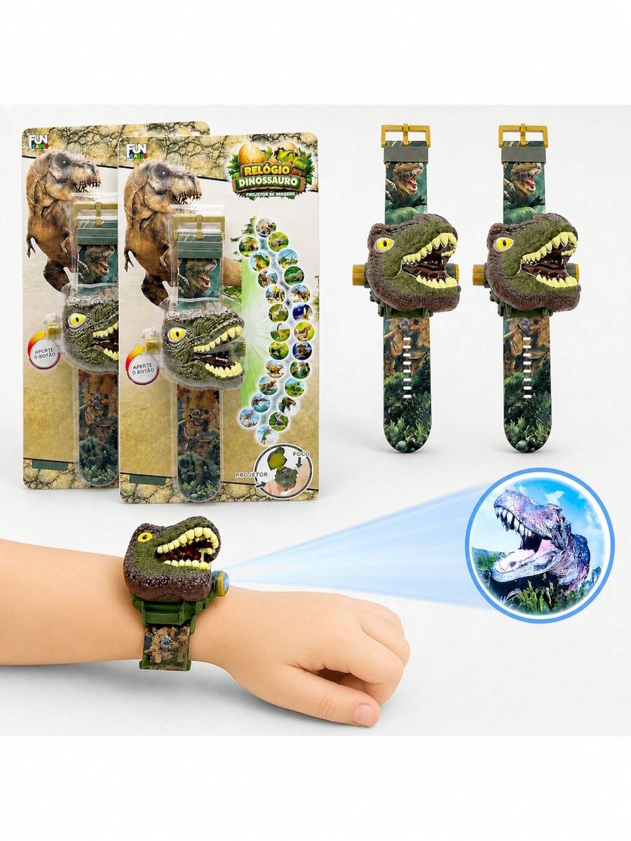 Conjunto 2 Relógio Masculino Rex Funcional Projeta 24 desenho Brinquedo Presente - Verde - Visão 1