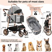 3-In-1 Foldable Dog Buggy Up To 20kg | Foldable Cat Stroller, Pet Buggy With 4 360° Rubber Wheels, With Storage Basket And Cup Holder - 金色+灰色 - 查看 2