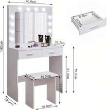 Jooli H Dressing Table Set With LED Lights Mirror, Vanity Makeup Table 2 Large Drawers And Stool, White - White - View 7