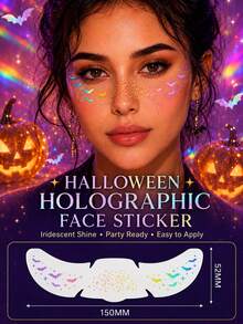 Halloween Holographic Bat Face Sticker, Waterproof Temporary Tattoo Sticker, Easy To Apply And Remove, Iridescent Rainbow Face Decal For Party, Cosplay And Festival Makeup - Multicolor - View 1