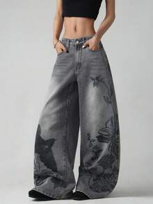 1pc Women's Casual Loose Fit Gray Printed Denim Wide Leg Jeans, Comfortable All-Match Streetwear Style Jeans (Belt/Accessories Not Included) Fall - Light Grey - View 3