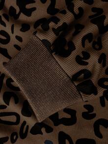 Plus Size Women's Leopard Print Half-Zip Sweatshirt, Fashionable Long Sleeve Collared Sweatshirt, Autumn Outfit Choice Casual - Brown - View 5