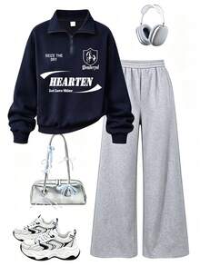 Teen GirlFashion Versatile College Style Half-Zip Letter Print Sweatshirt With Loose Wide Leg Pants, 2-Piece Set For Autumn/Winter Daily Wear - Navy Blue - View 1