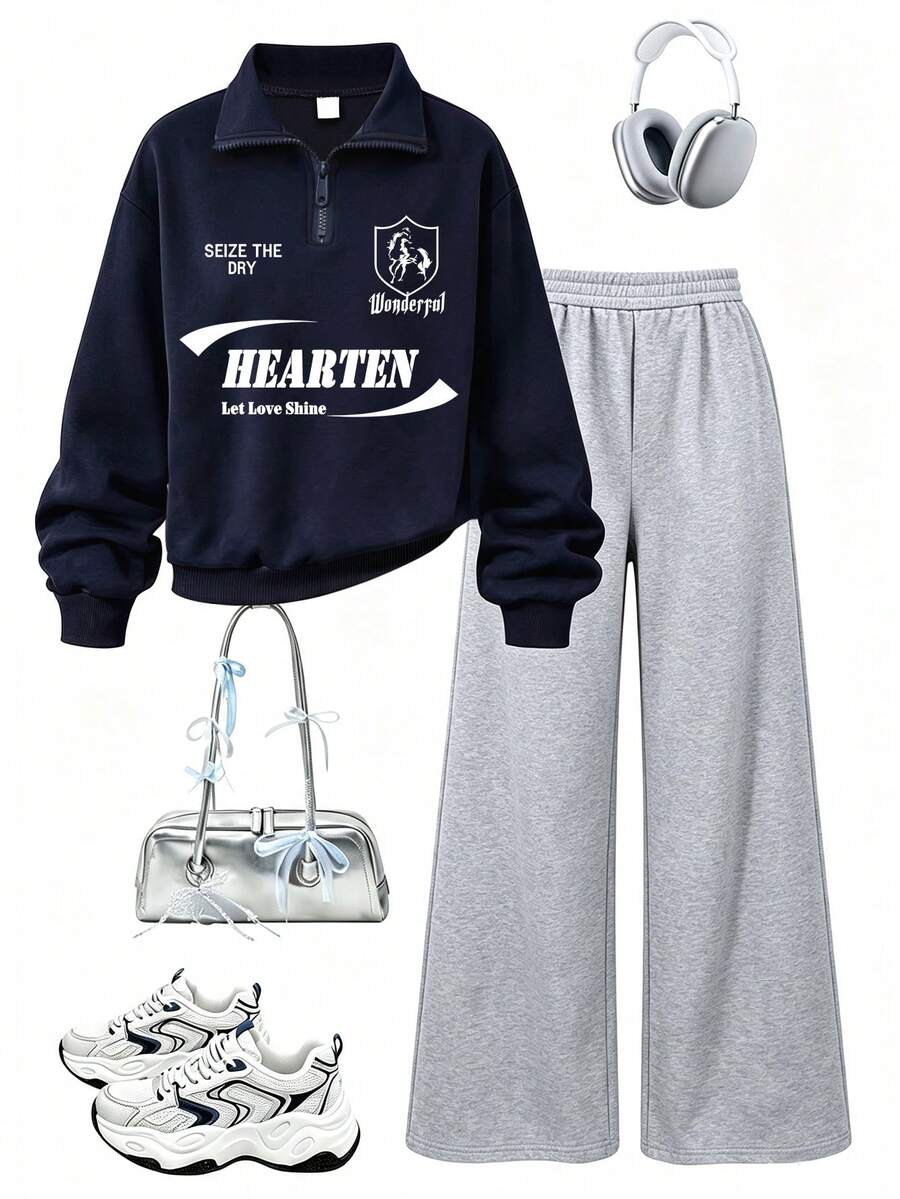 Teen GirlFashion Versatile College Style Half-Zip Letter Print Sweatshirt With Loose Wide Leg Pants, 2-Piece Set For Autumn/Winter Daily Wear - Navy Blue - View 1