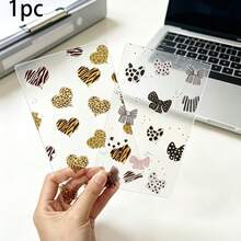 1pc Cute A6 Acrylic Insert Cover, Animal Print Heart And Bow Design Transparent Planner Case, Aesthetic Notebook Accessory, Compatible With 6-Hole Binders - A - View 1